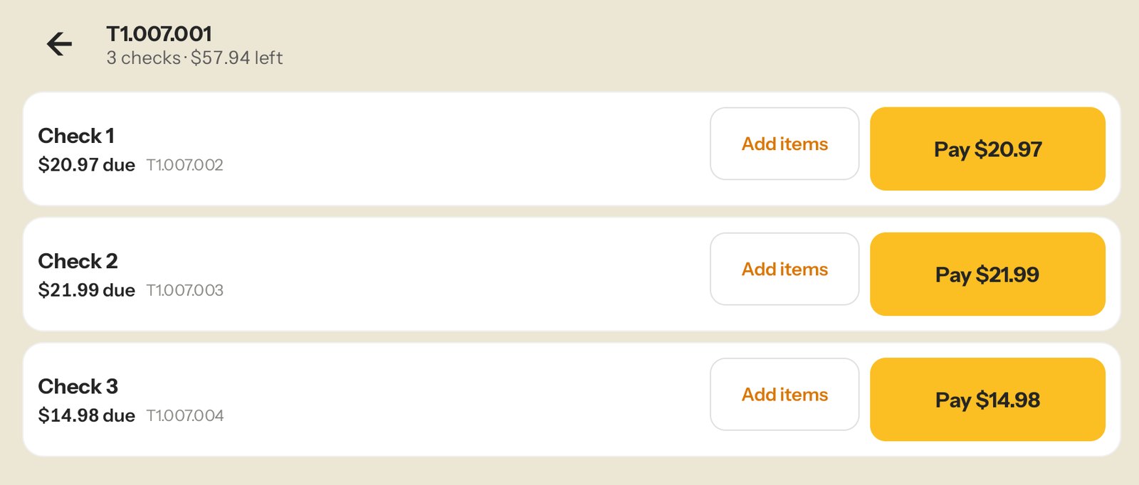 The Checks screen: each check with Add items and Pay