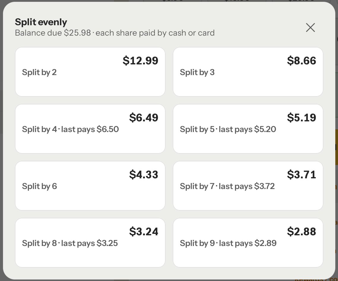 Split by 2 to 9, with each share's amount