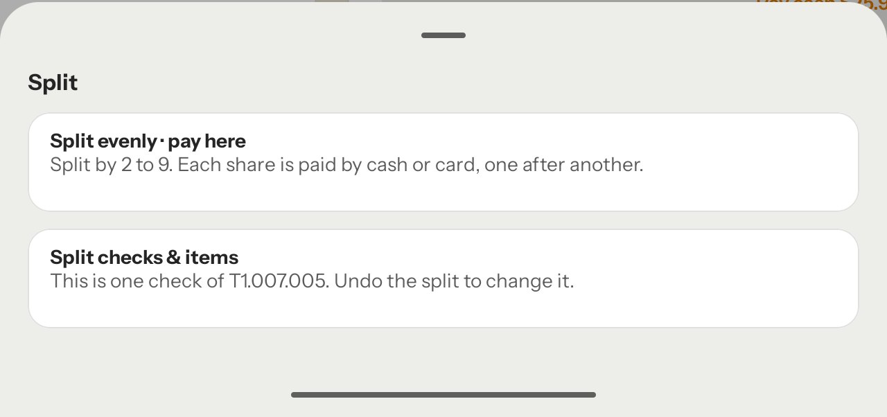 The Split sheet on the payment screen