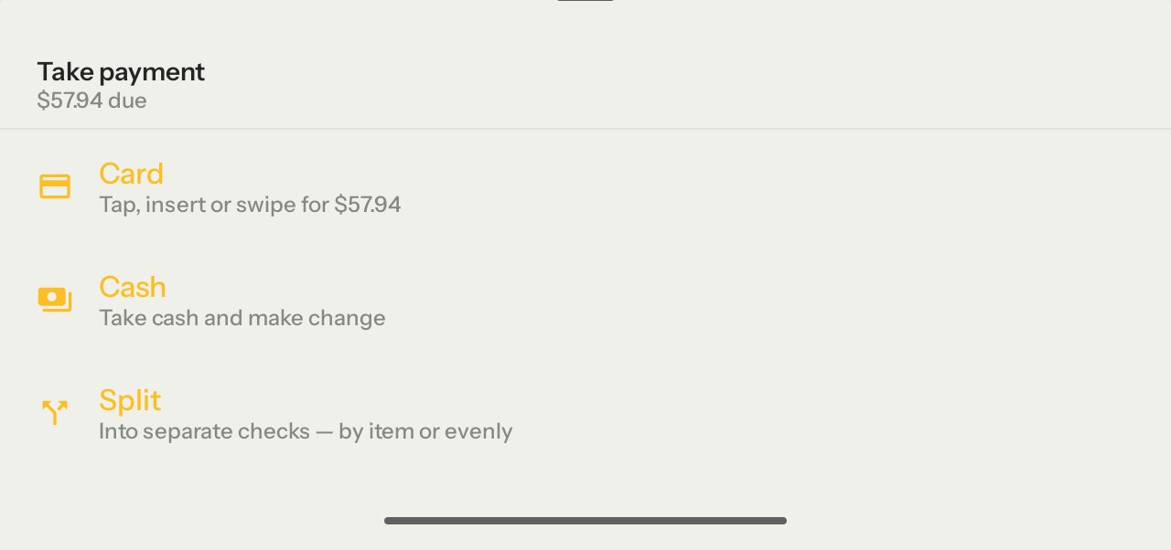 Take payment: Card, Cash or Split