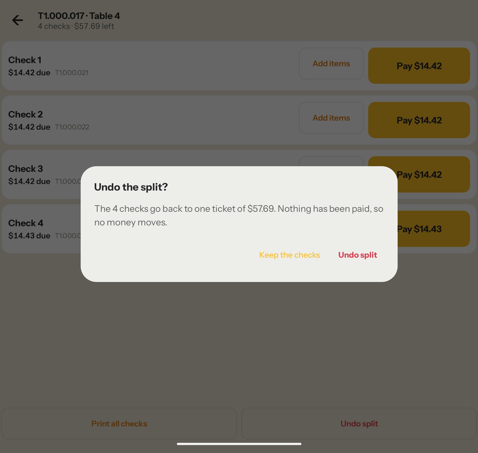 Undo the split: the checks go back to one ticket